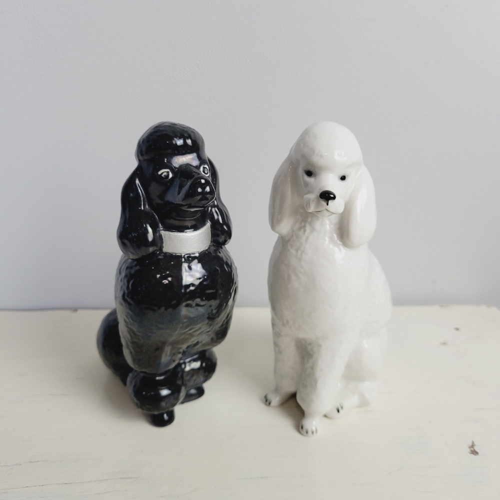 Handpainted Fine Porcelain Sitting Black & White Poodle (Vintage Lomonosov) 6"